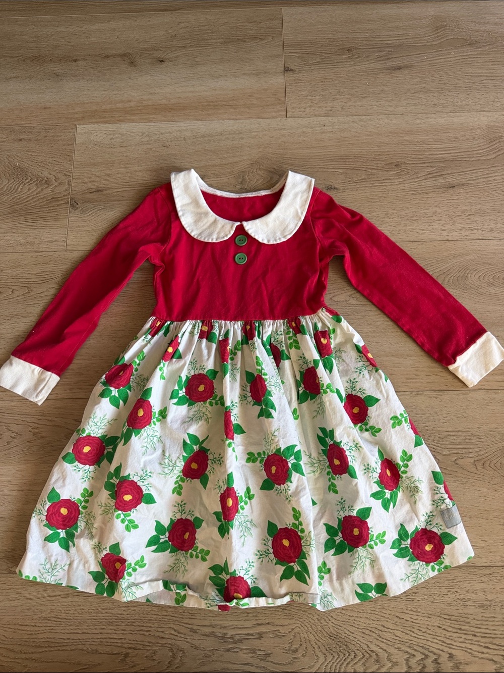 Red and White Floral Long-Sleeve Kids Dress size 5-6